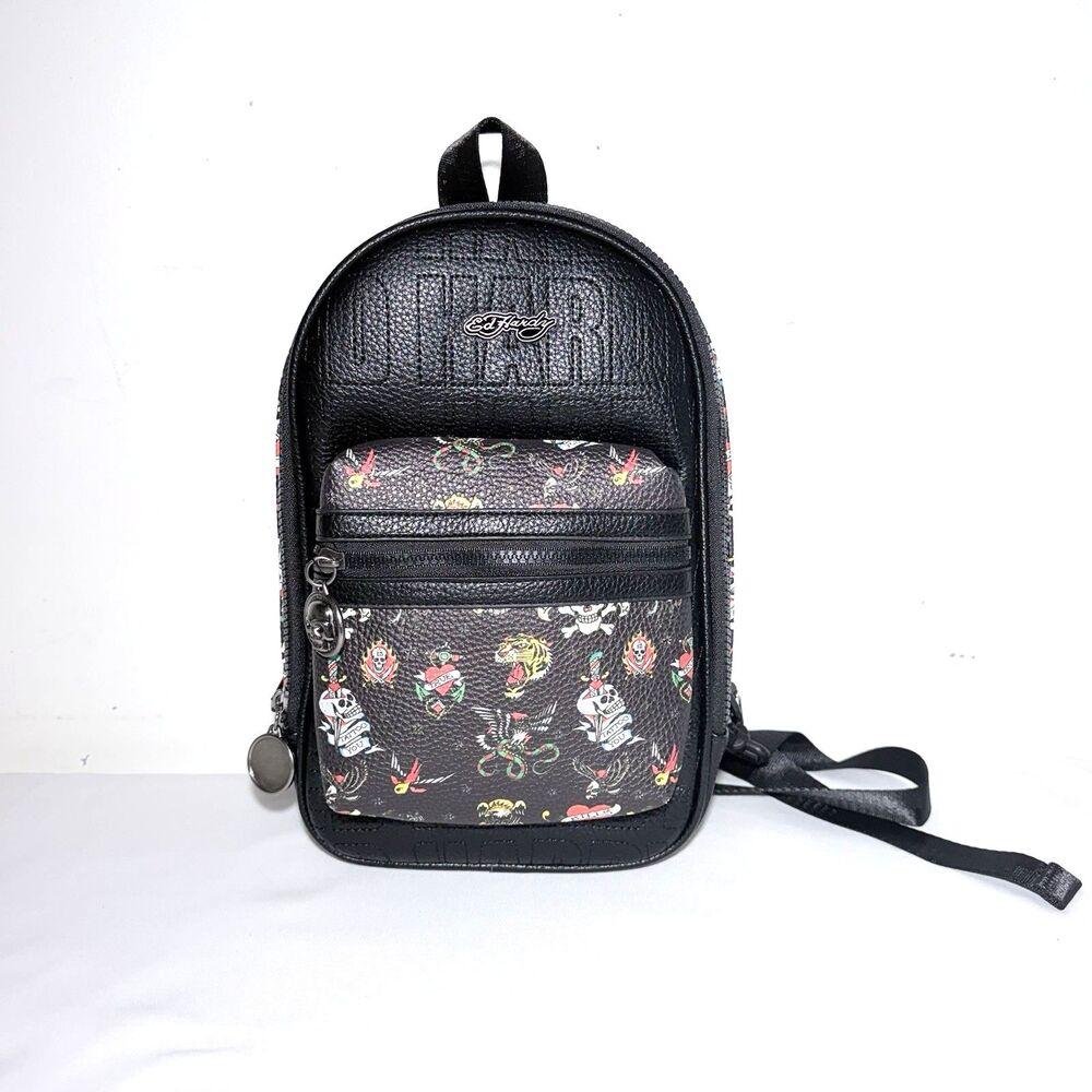 Ed Hardy Black Faux Leather Tattoo Print Mini Backpack/Sling Crossbody Bag NWT